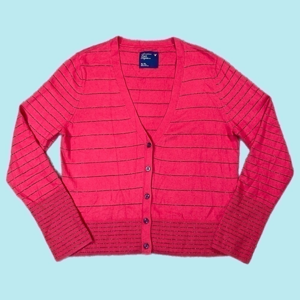 American Eagle Holiday Red Striped Sparkly Cardigan 57%  Cotton
